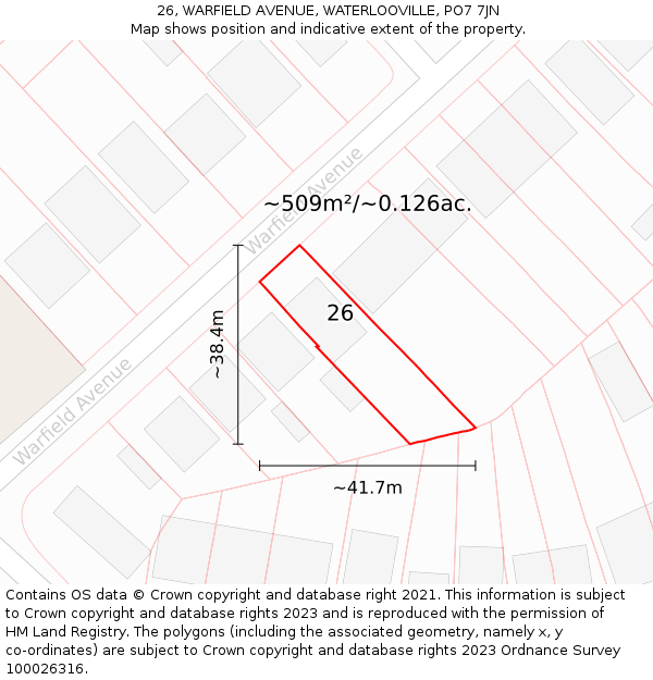 26, WARFIELD AVENUE, WATERLOOVILLE, PO7 7JN: Plot and title map