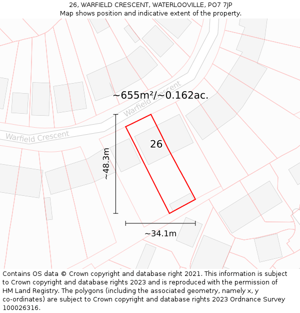 26, WARFIELD CRESCENT, WATERLOOVILLE, PO7 7JP: Plot and title map