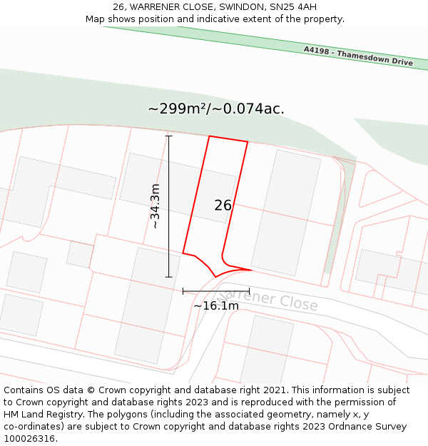 26, WARRENER CLOSE, SWINDON, SN25 4AH: Plot and title map