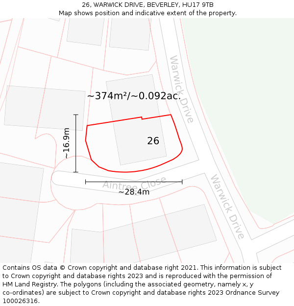 26, WARWICK DRIVE, BEVERLEY, HU17 9TB: Plot and title map