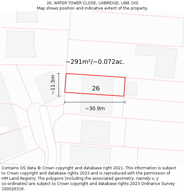 26, WATER TOWER CLOSE, UXBRIDGE, UB8 1XS: Plot and title map