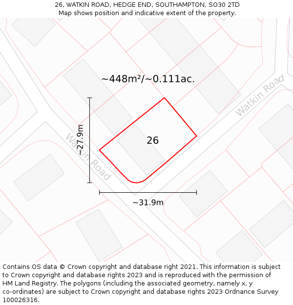 26, WATKIN ROAD, HEDGE END, SOUTHAMPTON, SO30 2TD: Plot and title map