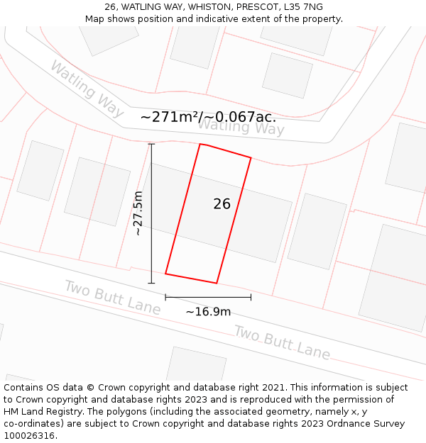 26, WATLING WAY, WHISTON, PRESCOT, L35 7NG: Plot and title map