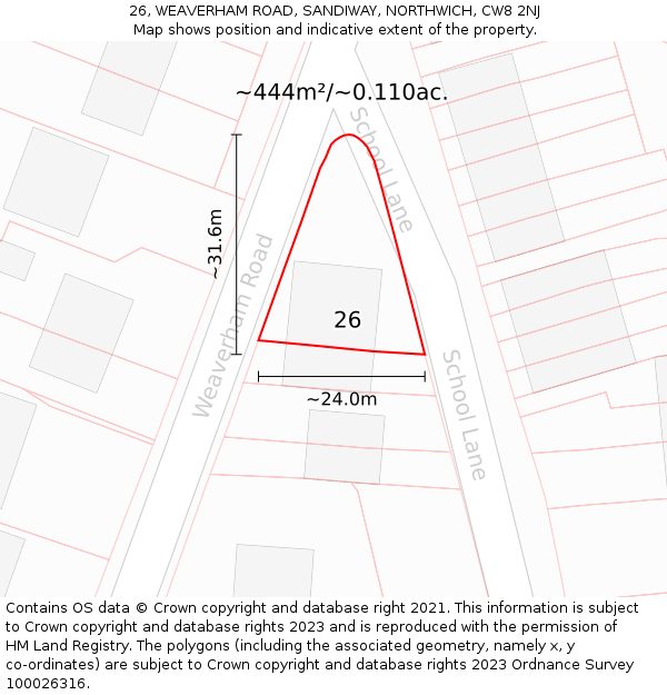 26, WEAVERHAM ROAD, SANDIWAY, NORTHWICH, CW8 2NJ: Plot and title map