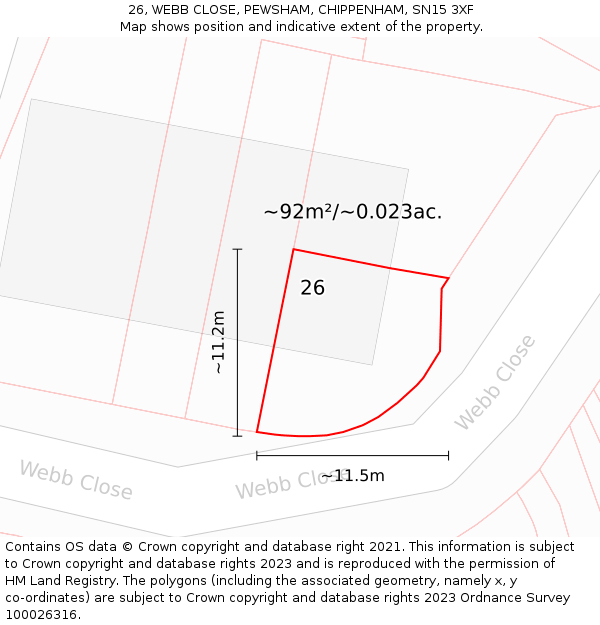 26, WEBB CLOSE, PEWSHAM, CHIPPENHAM, SN15 3XF: Plot and title map