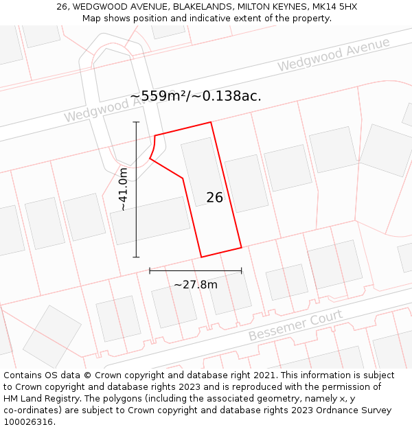 26, WEDGWOOD AVENUE, BLAKELANDS, MILTON KEYNES, MK14 5HX: Plot and title map