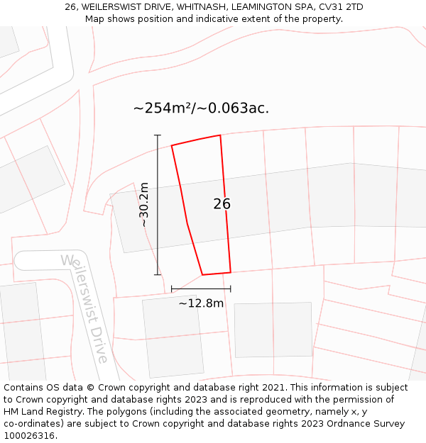 26, WEILERSWIST DRIVE, WHITNASH, LEAMINGTON SPA, CV31 2TD: Plot and title map