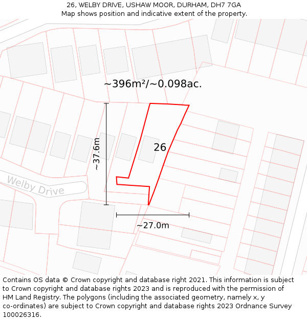 26, WELBY DRIVE, USHAW MOOR, DURHAM, DH7 7GA: Plot and title map