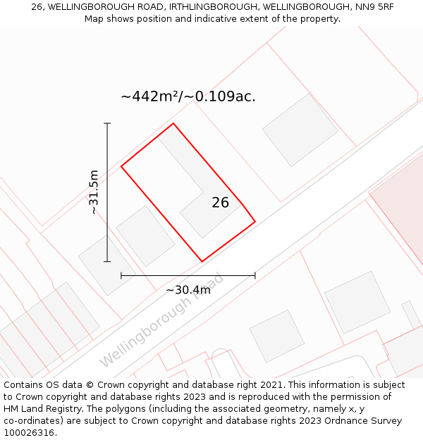 26, WELLINGBOROUGH ROAD, IRTHLINGBOROUGH, WELLINGBOROUGH, NN9 5RF: Plot and title map