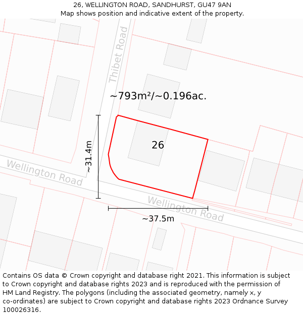 26, WELLINGTON ROAD, SANDHURST, GU47 9AN: Plot and title map