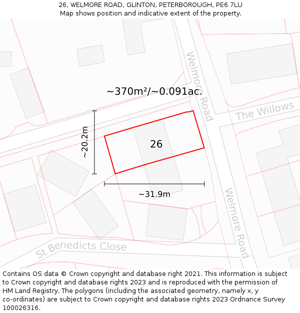 26, WELMORE ROAD, GLINTON, PETERBOROUGH, PE6 7LU: Plot and title map