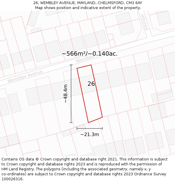 26, WEMBLEY AVENUE, MAYLAND, CHELMSFORD, CM3 6AY: Plot and title map