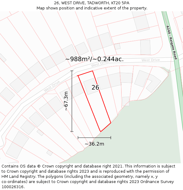 26, WEST DRIVE, TADWORTH, KT20 5PA: Plot and title map