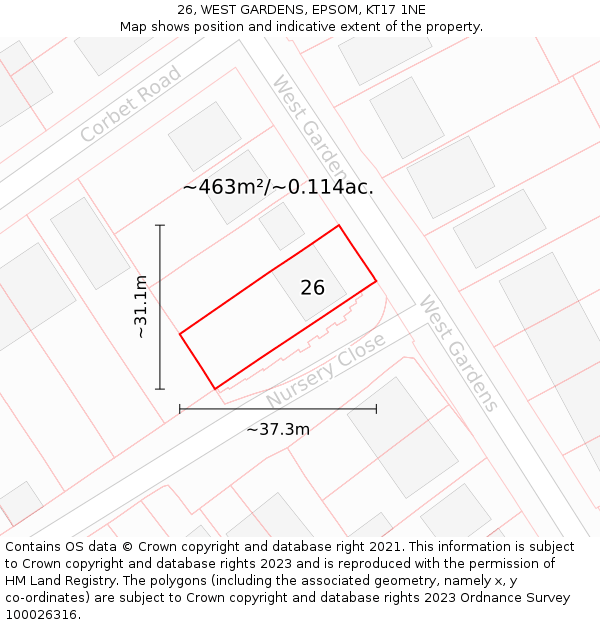 26, WEST GARDENS, EPSOM, KT17 1NE: Plot and title map