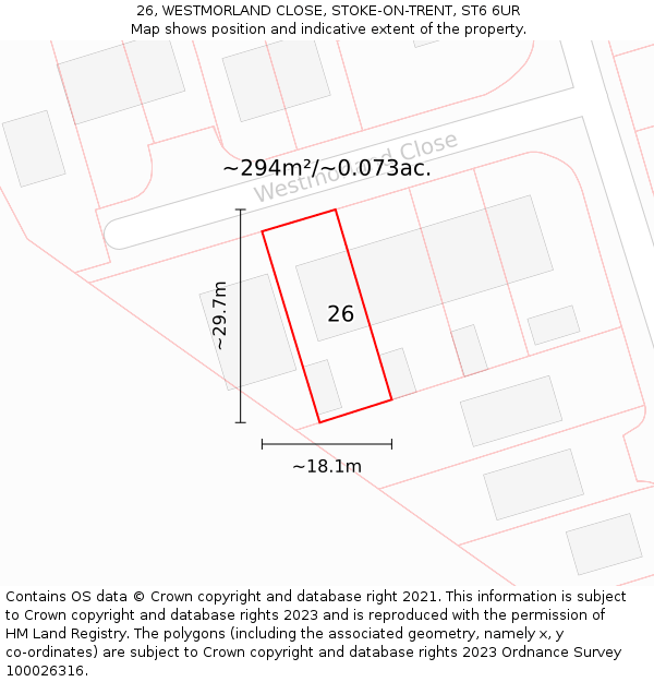 26, WESTMORLAND CLOSE, STOKE-ON-TRENT, ST6 6UR: Plot and title map