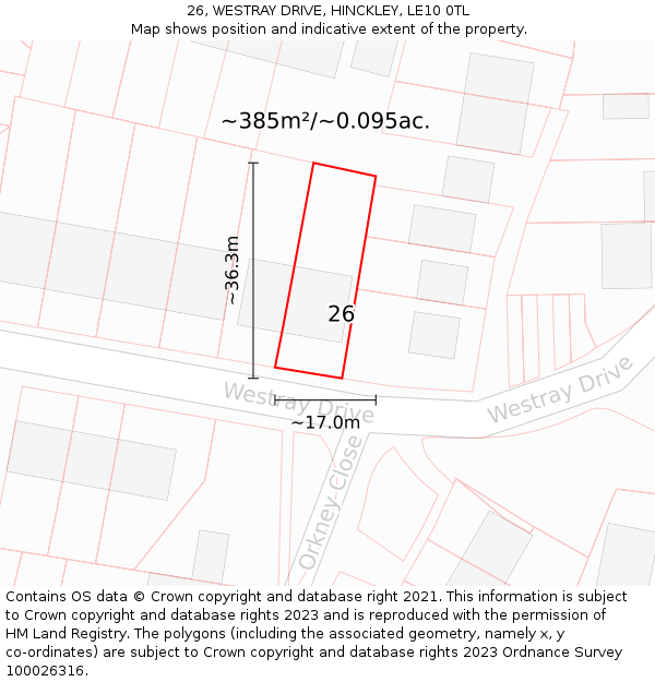 26, WESTRAY DRIVE, HINCKLEY, LE10 0TL: Plot and title map