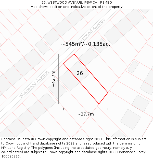 26, WESTWOOD AVENUE, IPSWICH, IP1 4EQ: Plot and title map