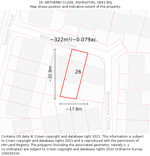 26, WETHERBY CLOSE, ASHINGTON, NE63 8NJ: Plot and title map