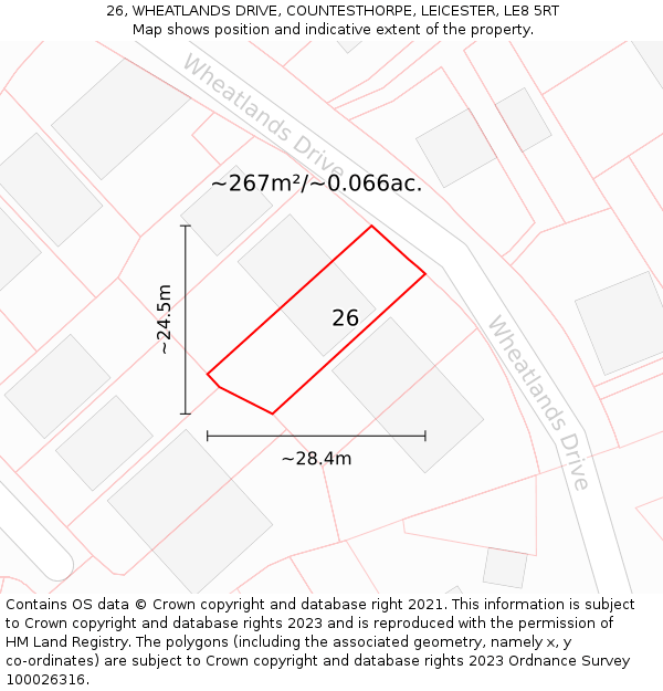 26, WHEATLANDS DRIVE, COUNTESTHORPE, LEICESTER, LE8 5RT: Plot and title map