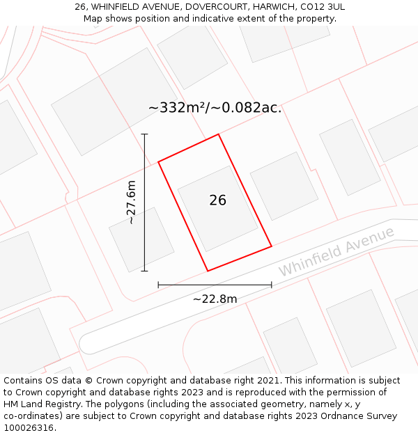 26, WHINFIELD AVENUE, DOVERCOURT, HARWICH, CO12 3UL: Plot and title map