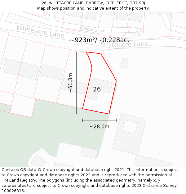 26, WHITEACRE LANE, BARROW, CLITHEROE, BB7 9BJ: Plot and title map