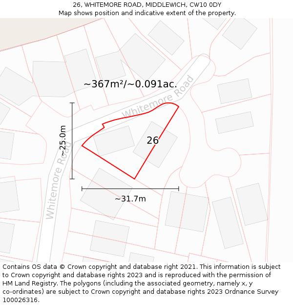 26, WHITEMORE ROAD, MIDDLEWICH, CW10 0DY: Plot and title map