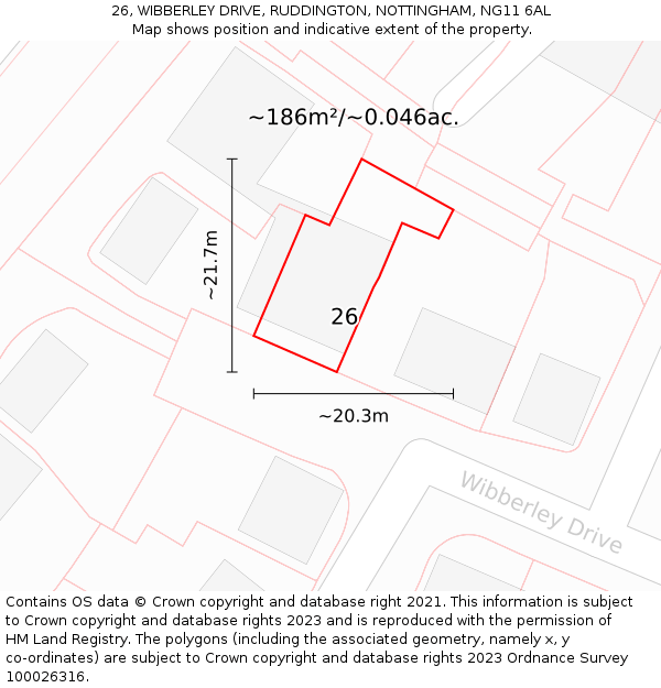 26, WIBBERLEY DRIVE, RUDDINGTON, NOTTINGHAM, NG11 6AL: Plot and title map