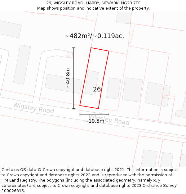 26, WIGSLEY ROAD, HARBY, NEWARK, NG23 7EF: Plot and title map