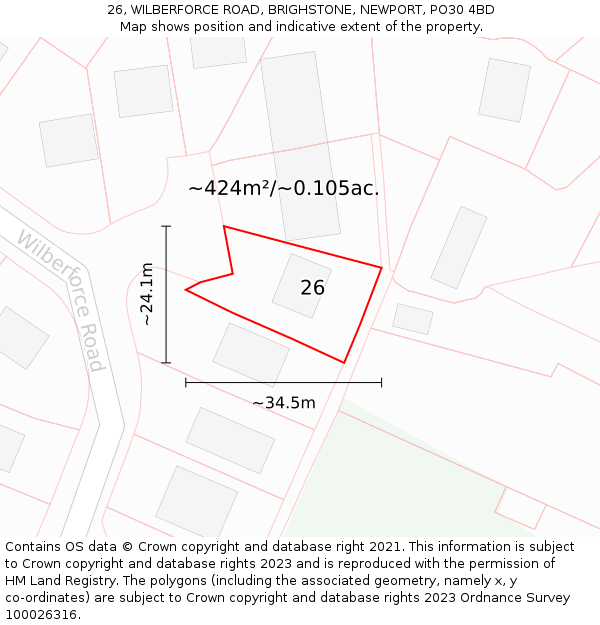 26, WILBERFORCE ROAD, BRIGHSTONE, NEWPORT, PO30 4BD: Plot and title map
