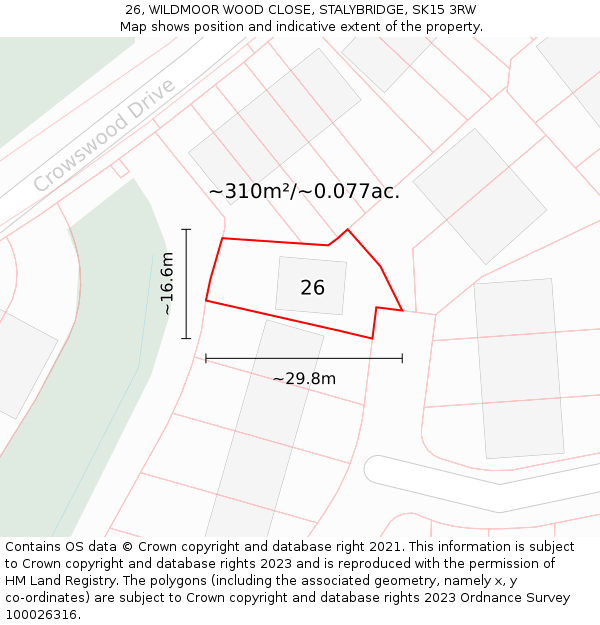 26, WILDMOOR WOOD CLOSE, STALYBRIDGE, SK15 3RW: Plot and title map