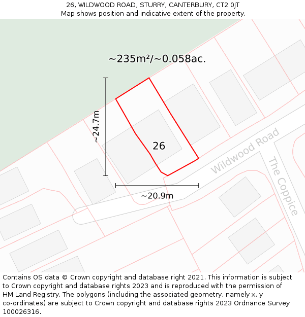 26, WILDWOOD ROAD, STURRY, CANTERBURY, CT2 0JT: Plot and title map