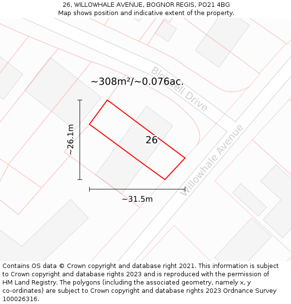 26, WILLOWHALE AVENUE, BOGNOR REGIS, PO21 4BG: Plot and title map