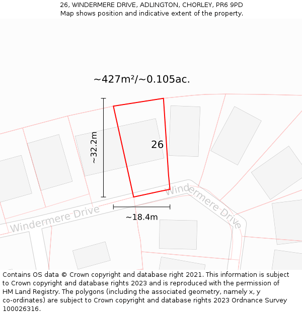 26, WINDERMERE DRIVE, ADLINGTON, CHORLEY, PR6 9PD: Plot and title map