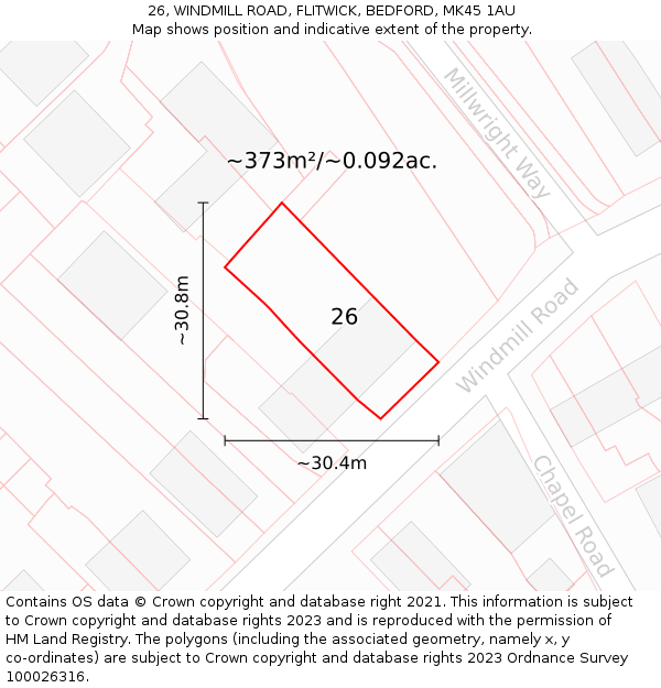 26, WINDMILL ROAD, FLITWICK, BEDFORD, MK45 1AU: Plot and title map