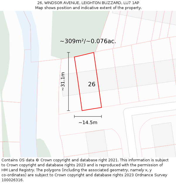 26, WINDSOR AVENUE, LEIGHTON BUZZARD, LU7 1AP: Plot and title map