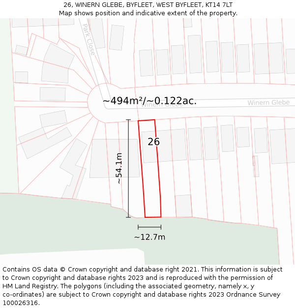 26, WINERN GLEBE, BYFLEET, WEST BYFLEET, KT14 7LT: Plot and title map