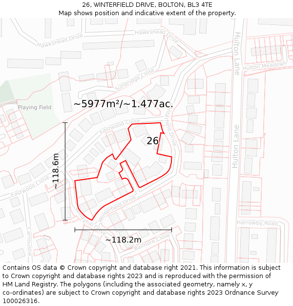 26, WINTERFIELD DRIVE, BOLTON, BL3 4TE: Plot and title map