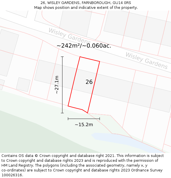 26, WISLEY GARDENS, FARNBOROUGH, GU14 0RS: Plot and title map