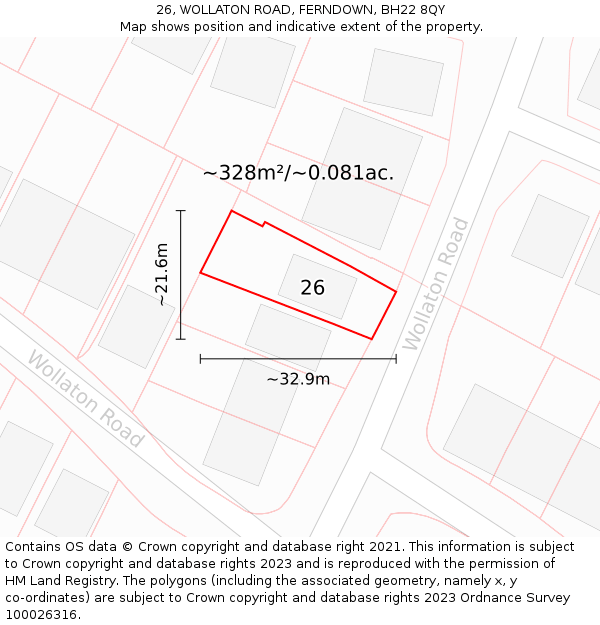 26, WOLLATON ROAD, FERNDOWN, BH22 8QY: Plot and title map