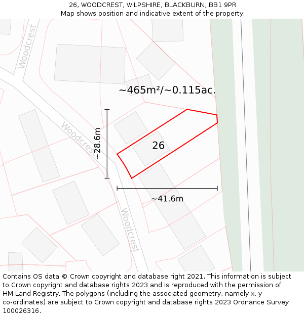 26, WOODCREST, WILPSHIRE, BLACKBURN, BB1 9PR: Plot and title map