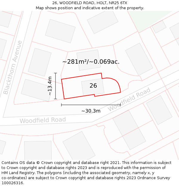 26, WOODFIELD ROAD, HOLT, NR25 6TX: Plot and title map