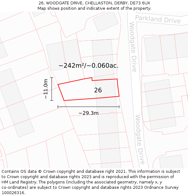 26, WOODGATE DRIVE, CHELLASTON, DERBY, DE73 6UX: Plot and title map