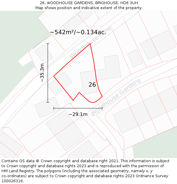 26, WOODHOUSE GARDENS, BRIGHOUSE, HD6 3UH: Plot and title map