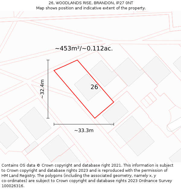 26, WOODLANDS RISE, BRANDON, IP27 0NT: Plot and title map