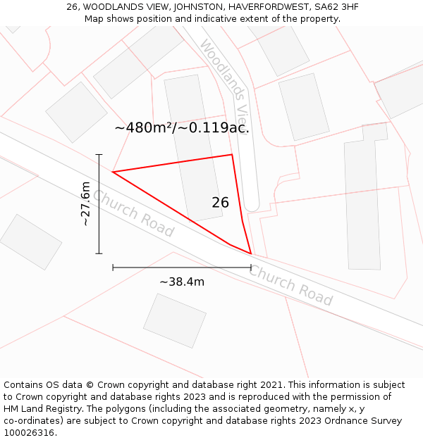 26, WOODLANDS VIEW, JOHNSTON, HAVERFORDWEST, SA62 3HF: Plot and title map