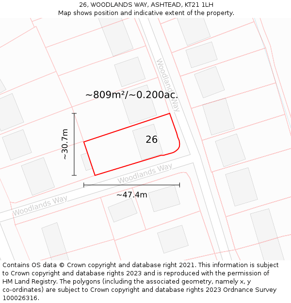 26, WOODLANDS WAY, ASHTEAD, KT21 1LH: Plot and title map
