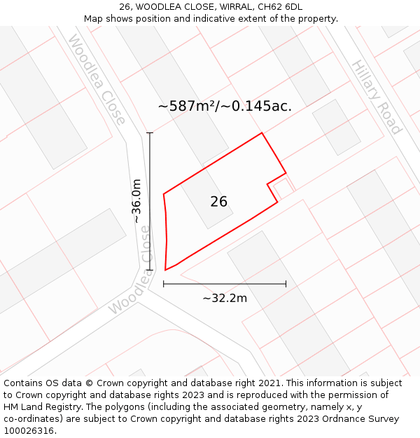 26, WOODLEA CLOSE, WIRRAL, CH62 6DL: Plot and title map