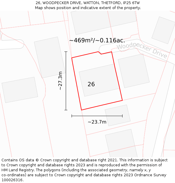 26, WOODPECKER DRIVE, WATTON, THETFORD, IP25 6TW: Plot and title map