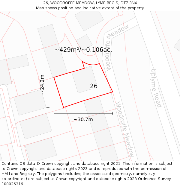 26, WOODROFFE MEADOW, LYME REGIS, DT7 3NX: Plot and title map