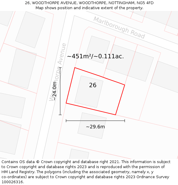 26, WOODTHORPE AVENUE, WOODTHORPE, NOTTINGHAM, NG5 4FD: Plot and title map